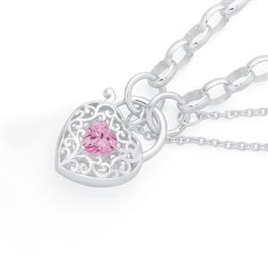 Silver 19cm Pink CZ Filigree Heart Padlock Bracelet