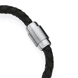 Steel Black Leather Barrel Plait Bracelet