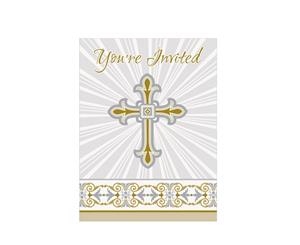 Unique Party Radiant Cross Paper Design Christening Party Invites (Pack Of 8) (Silver/Gold) - SG9007