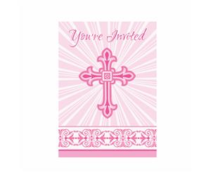 Unique Party Radiant Cross Paper Design Christening Party Invites (Pack Of 8) (White/Pink) - SG9007