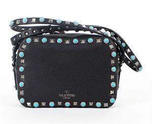 Valentino Turquoise Stone Pebbled Leather Crossbody Bag - Black