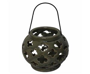 10cm Round Tea Light/Candle Holder Green Ceramic with Crackle Effect - Green