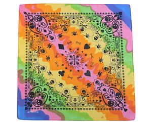 1pce Bandana 54x54cm Tie Dye with Black Skulls Multi Coloured Bright