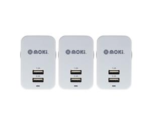 3PK Moki Dual USB Wall Mobile Charger Universal Adaptor Plug Travel Adapter WHT