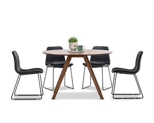 7pc Dining Set Walnut Oak Scandinavian Round 1.2m Dining Set & 6 x Black Leatherette Sleigh Leg Dining Chairs