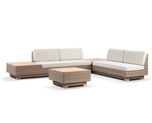 Acapulco Package A Outdoor Wicker And Teak Lounge Setting With Coffee Table - Brushed Wheat Cream cushions - Outdoor Wicker Lounges