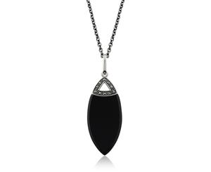 Art Deco Style Round Black Onyx & Marcasite Pendant in 925 Sterling Silver