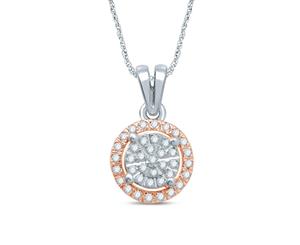 Bevilles Martina Solitaire Look Halo Necklace with 1/5ct of Diamonds in 9ct White & Rose Gold Pendant