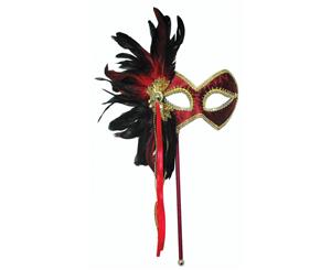 Bristol Novelty Womens/Ladies Stick Mask And Feathers (Red/Gold/Black) - BN943