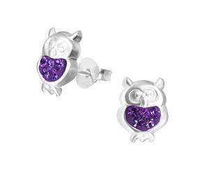 Children's Silver Amethyst Owl Crystal Ear Studs