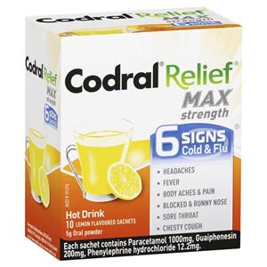 Codral Relief Max Strength Hot Drink Lemon Flavoured Sachets 10 Pack