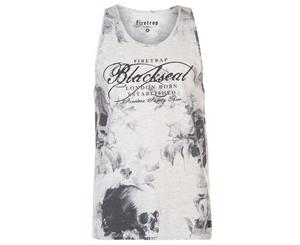 Firetrap Men Blackseal Skull AOP Vest Top - Ecru Marl Lightweight Crew Neck