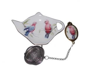 French Country Inspired China GALAH Australian Bird Tea Bag Holder with Strainer Set New