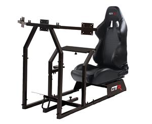 GTR Simulator GTAF Model Black with Black Real Racing Seat Driving Simulator Cockpit with Gear Shifter Mount and Triple or Single Monitor Mount