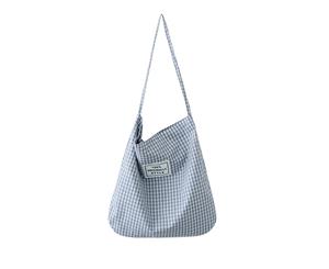 Handmade Plaid Tote Bag - Blue