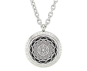 Lotus Flower Mandala Design Aromatherapy Essential Oil Diffuser Necklace - Silver with Crystals 25mm - Free Chain - Valentine's Day Gift