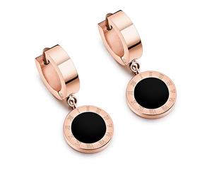 Roman Numeral Round Drop Earrings-Rose Gold/Black