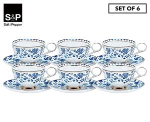 Set of 6 Salt & Pepper Palais Flora Teacup & Saucer