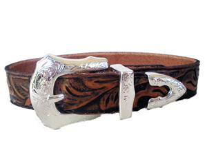 Tooled Leather Dog Collar 3 Piece Silver Buckle Flashy Engraved Brown 40.5Cm - Brown