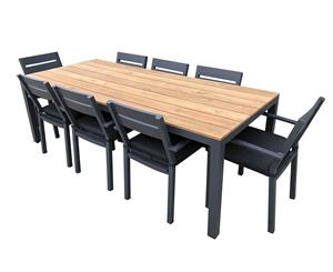 Tuscany 8 Seater Rectangle Teak Top Aluminium Dining Table With Aluminium Chairs - Outdoor Aluminium Dining Settings