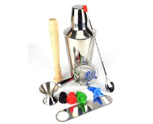 10 Piece Cocktail Shaker Set With Couloured Pourers And A Free Bar Blade