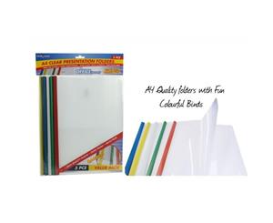 5pce A4 Clear Presentation Folders with Plastic Spine. 5 Assorted Colours