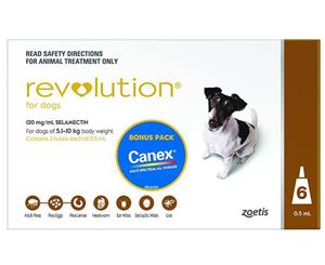 6pk Revolution Flea Heartworm & Eat Mite Treatment For Dogs 5-10kg + Bonus Canex Intestinal Wormer