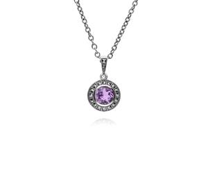 Art Deco Style Round Amethyst & Marcasite Halo Pendant in 925 Sterling Silver