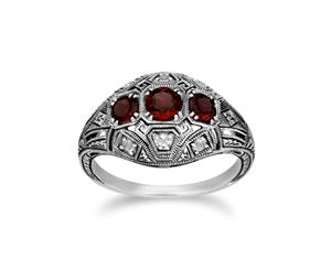 Art Deco Style Round Garnet & White Topaz Three Stone Ring in 925 Sterling Silver