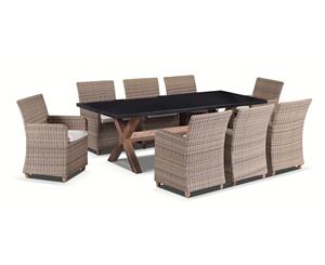 Blue Stone 8 Seater Granite Stone Top And Wicker Chairs Dining Garden Set - Outdoor Stone Dining Settings - Brushed Grey and latte cushion