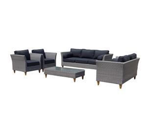 Carolina 3+2+1+1 Seater Outdoor Wicker Lounge With Coffee Table - Outdoor Wicker Lounges - Brushed Grey and Denim cushion