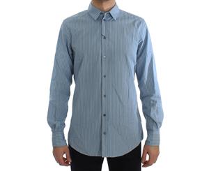 Dolce & Gabbana Blue Striped Cotton Slim Gold Shirt