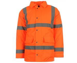 Dunlop Mens Hi Vis Parka Workwear Jacket Coat Top Hooded Zip Full Stripe Warm