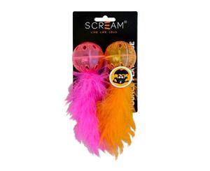 Lattice Balls 2 Pack with Feather Toys for Adult Cats & Kittens by Scream (Orange & Pink)