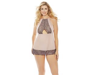 Mauve Mesh And Lace Babydoll With Matching Panty Plus Size