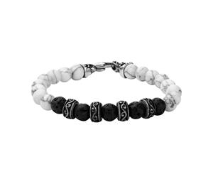 Men's Stainless Steel Skull and 8mm Lava and Howlith Beads - White