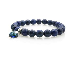 Natural Round Lapis Lazuli Embellished with 'Xillion' Heart Swarovski Crystal & 925 Sterling Silver CZ Beads Stretch Bracelet