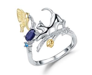 Olivia Yip - Cute Cat And Flying Elephant Play In Deep Blue Gems Women's Ring