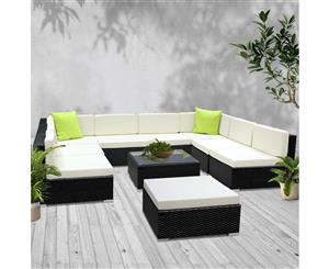 Outdoor Sofa Set Lounge Setting Furniture Patio Table Wicker Garden Black Rattan w/ Cushions Pillows Gardeon 10PC