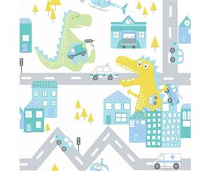 Over the Rainbow Dino Road Wallpaper Teal/Lime (90912)