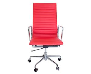 Replica Eames High Back Ribbed Leather Executive Desk / Office Chair - Red