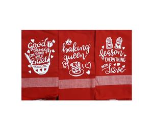 Set of 3 New Tea Towels Kitchen Sayings RED 2 Handmade Teatowels Baking Queen