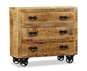 Sideboard with 3 Drawers Rough Mango Wood Retro Wheel Storage Cupboard