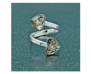 Silver Double Heart Ring Gold Patina made with Swarovski Crystal