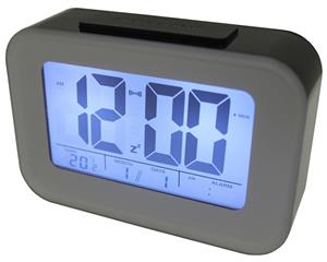 Smart Light Lcd Alarm Clock W/ Backlit Display Portable Battery Operated Black