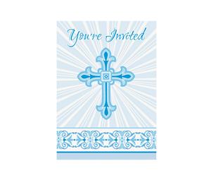 Unique Party Radiant Cross Paper Design Christening Party Invites (Pack Of 8) (White/Blue) - SG9007