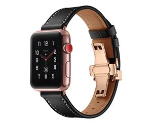 WIWU New Genuine Leather Watch Band Rosegold Metal Butterfly Buckle For Apple Watch 5/4/3/2/1-Black