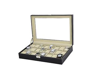 Watch Box - 24 Slot Luxury Display Case With Framed Glass Lid