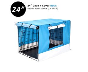 Wire Dog Cage Foldable Crate Kennel 24" with Tray + BLUE Cover Combo