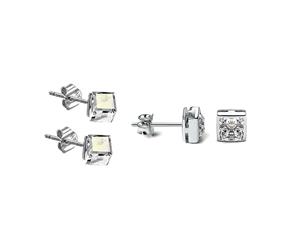 2PK Women Sterling Silver Mini Cube & Princess Stud Earrings w/Swarovski Crystal